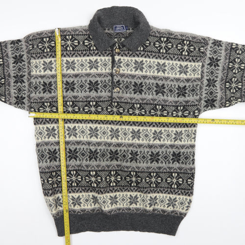 Creem Men’s Grey L Shetland Wool Fair Isle Henley Jumper