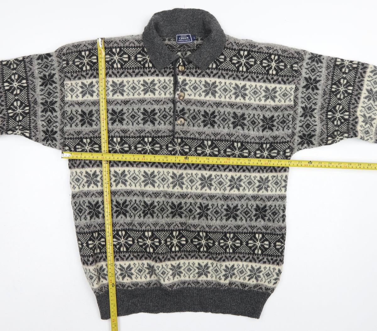 Creem Men’s Grey L Shetland Wool Fair Isle Henley Jumper