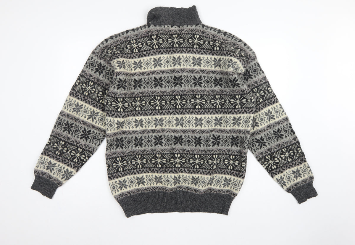 Creem Men’s Grey L Shetland Wool Fair Isle Henley Jumper