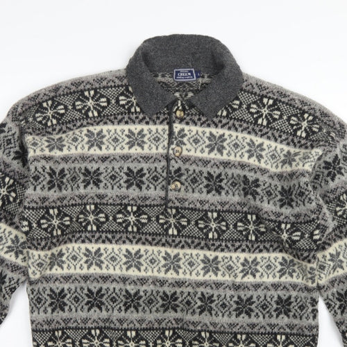 Creem Men’s Grey L Shetland Wool Fair Isle Henley Jumper