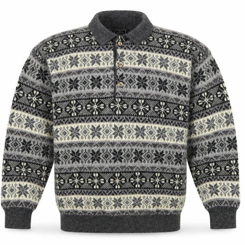 Creem Men’s Grey L Shetland Wool Fair Isle Henley Jumper