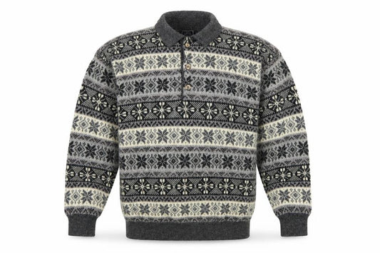 Creem Men’s Grey L Shetland Wool Fair Isle Henley Jumper