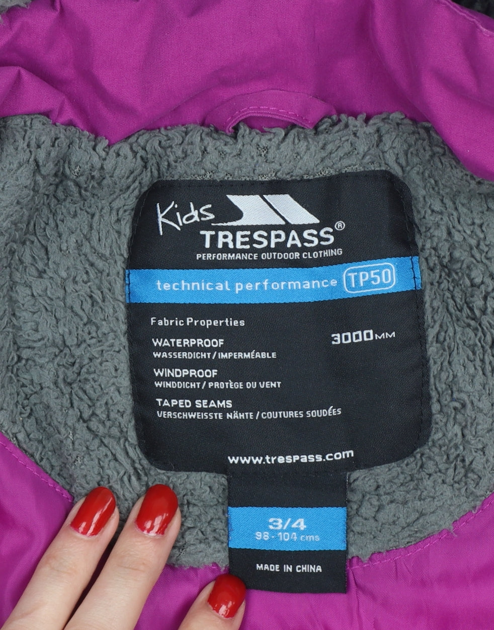 Trespass Girls Purple 3-4 Years Parka Coat Waterproof Hooded Fleece Lined