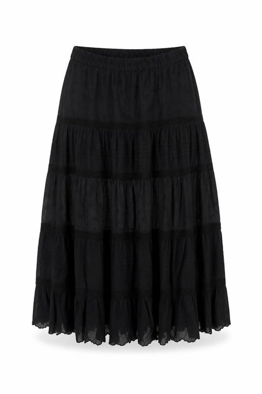 Reclaimed Vintage Women Black UK 16 Peasant Maxi Tiered Cotton Skirt