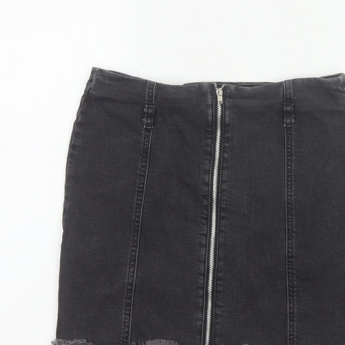 Zara Basic Women Black UK 12 Denim Pencil Mini Skirt Front Zip