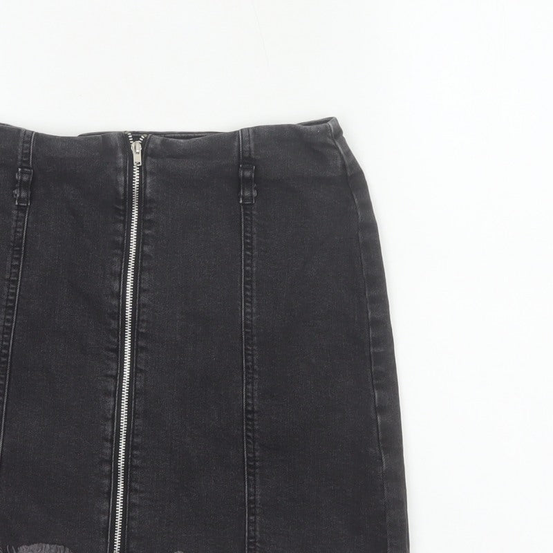 Zara Basic Women Black UK 12 Denim Pencil Mini Skirt Front Zip