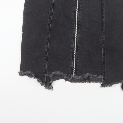 Zara Basic Women Black UK 12 Denim Pencil Mini Skirt Front Zip