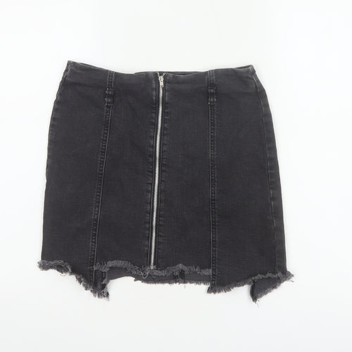 Zara Basic Women Black UK 12 Denim Pencil Mini Skirt Front Zip