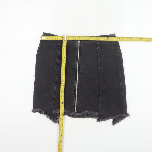 Zara Basic Women Black UK 12 Denim Pencil Mini Skirt Front Zip