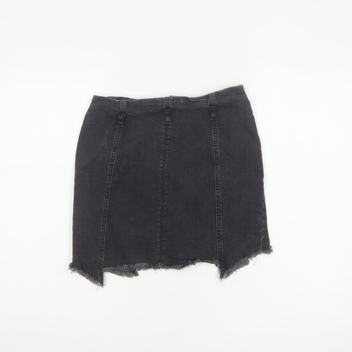 Zara Basic Women Black UK 12 Denim Pencil Mini Skirt Front Zip