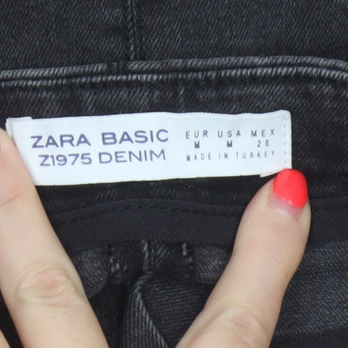 Zara Basic Women Black UK 12 Denim Pencil Mini Skirt Front Zip