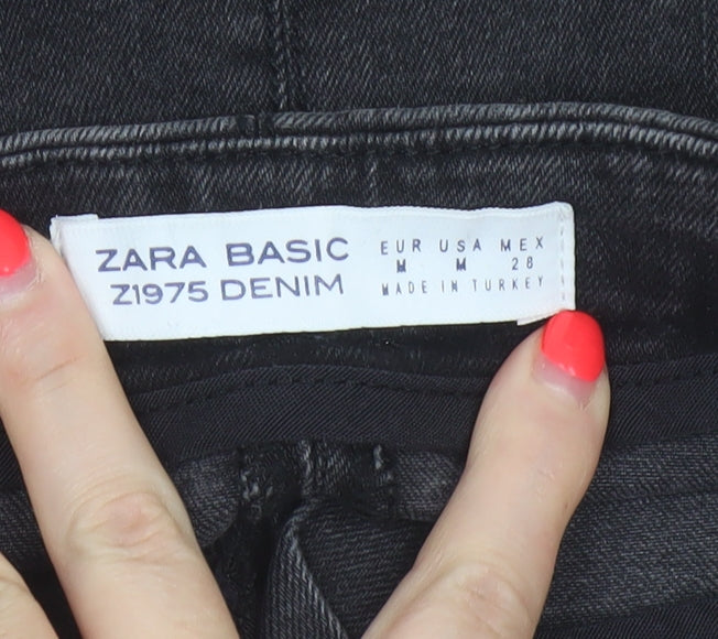 Zara Basic Women Black UK 12 Denim Pencil Mini Skirt Front Zip