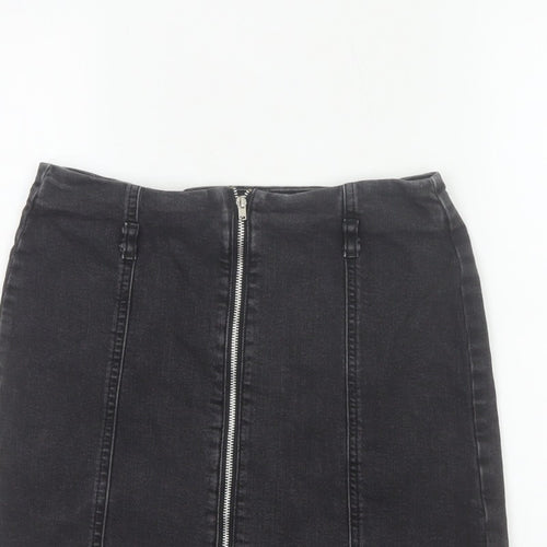 Zara Basic Women Black UK 12 Denim Pencil Mini Skirt Front Zip