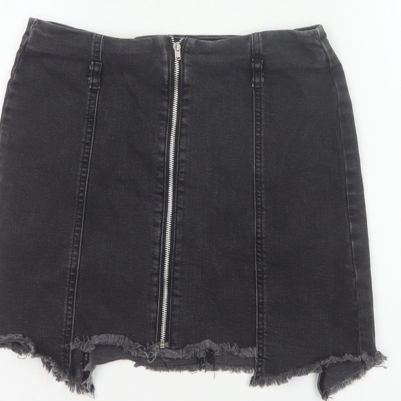 Zara Basic Women Black UK 12 Denim Pencil Mini Skirt Front Zip