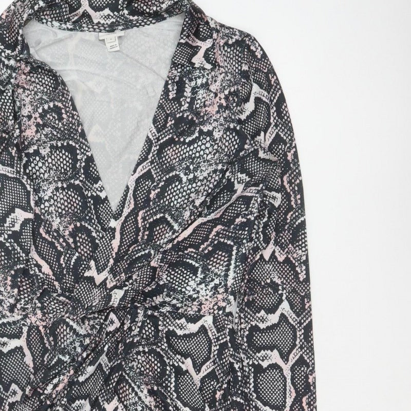 River Island Women Black Pink Animal Print Wrap Dress UK 8 Knee Length