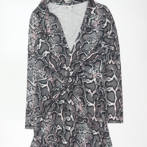 River Island Women Black Pink Animal Print Wrap Dress UK 8 Knee Length