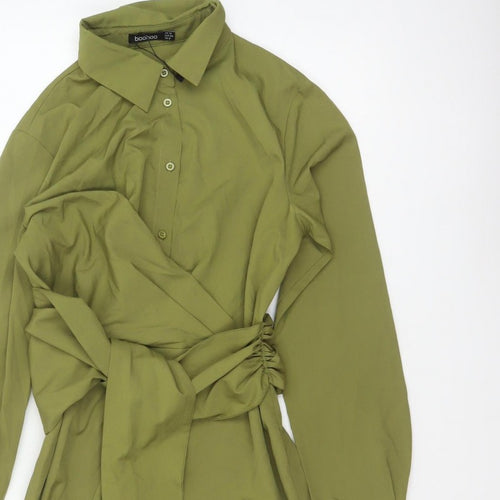 Boohoo Women Green UK 10 Shirt Dress Collared Belted Ruched Long Sleeve