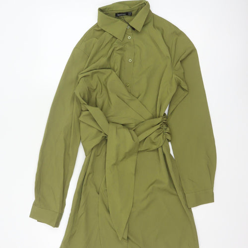 Boohoo Women Green UK 10 Shirt Dress Collared Belted Ruched Long Sleeve