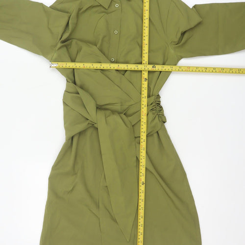 Boohoo Women Green UK 10 Shirt Dress Collared Belted Ruched Long Sleeve