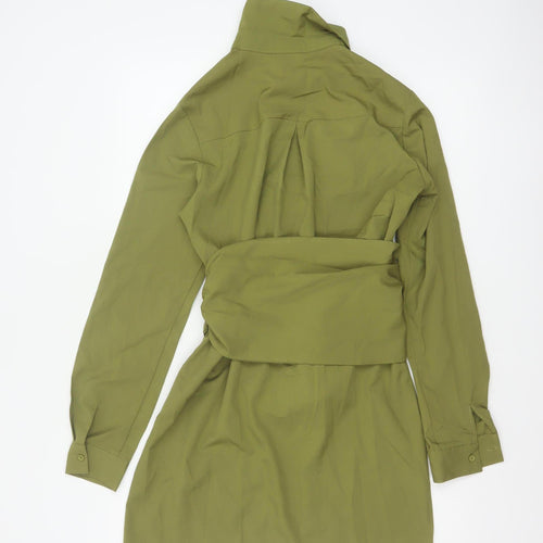 Boohoo Women Green UK 10 Shirt Dress Collared Belted Ruched Long Sleeve