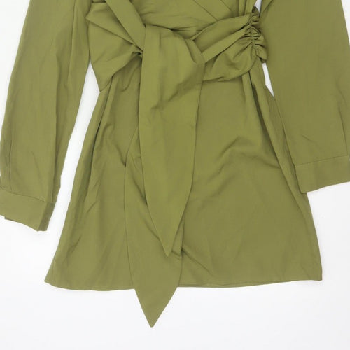 Boohoo Women Green UK 10 Shirt Dress Collared Belted Ruched Long Sleeve