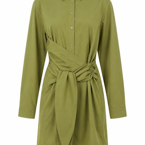 Boohoo Women Green UK 10 Shirt Dress Collared Belted Ruched Long Sleeve