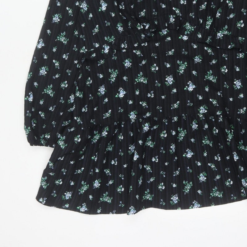 Marks & Spencer Women Black Floral UK 18 Fit & Flare V-Neck Dress