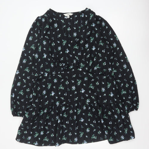 Marks & Spencer Women Black Floral UK 18 Fit & Flare V-Neck Dress