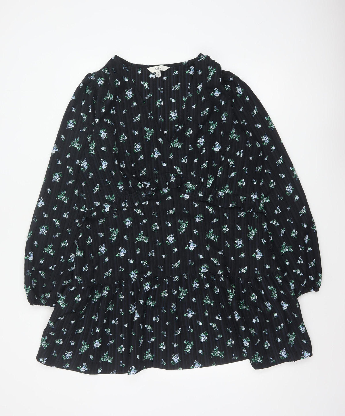 Marks & Spencer Women Black Floral UK 18 Fit & Flare V-Neck Dress