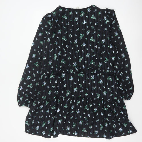 Marks & Spencer Women Black Floral UK 18 Fit & Flare V-Neck Dress