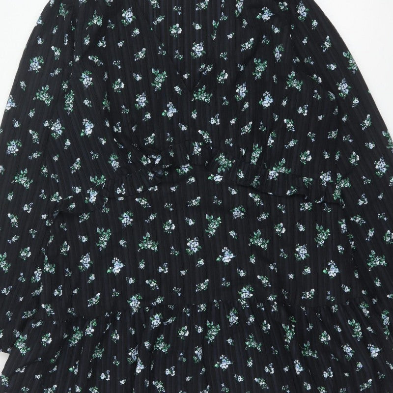 Marks & Spencer Women Black Floral UK 18 Fit & Flare V-Neck Dress