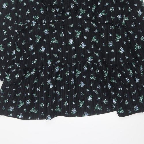 Marks & Spencer Women Black Floral UK 18 Fit & Flare V-Neck Dress