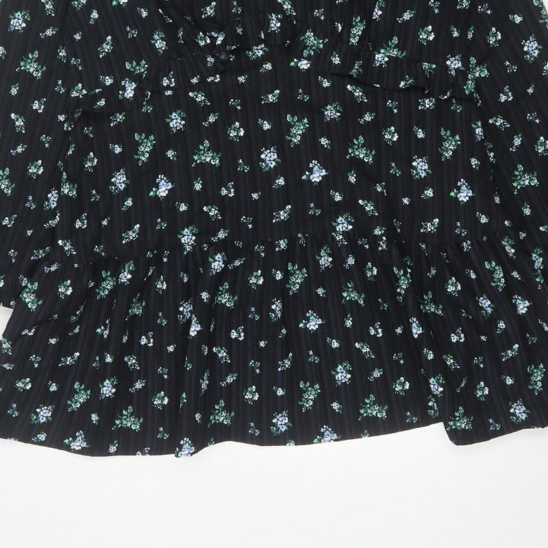 Marks & Spencer Women Black Floral UK 18 Fit & Flare V-Neck Dress