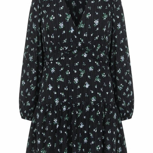 Marks & Spencer Women Black Floral UK 18 Fit & Flare V-Neck Dress