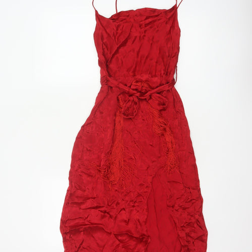 Zara Basic Women Red XS Long Viscose Tassel Belted Slip Dress