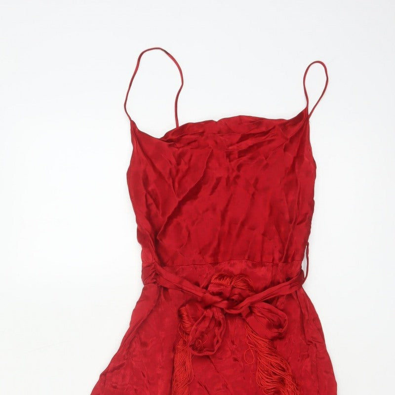 Zara Basic Women Red XS Long Viscose Tassel Belted Slip Dress