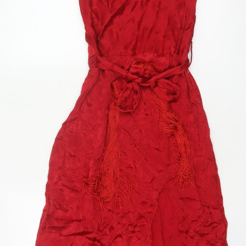 Zara Basic Women Red XS Long Viscose Tassel Belted Slip Dress