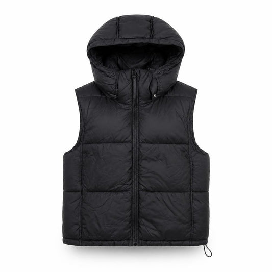 Front view of Zara Women Black XS Hooded Puffer Waistcoat Quilted Full Zip