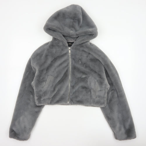 Urban Outfitters Women Grey S Faux Fur Hooded Cropped Zip Jacket