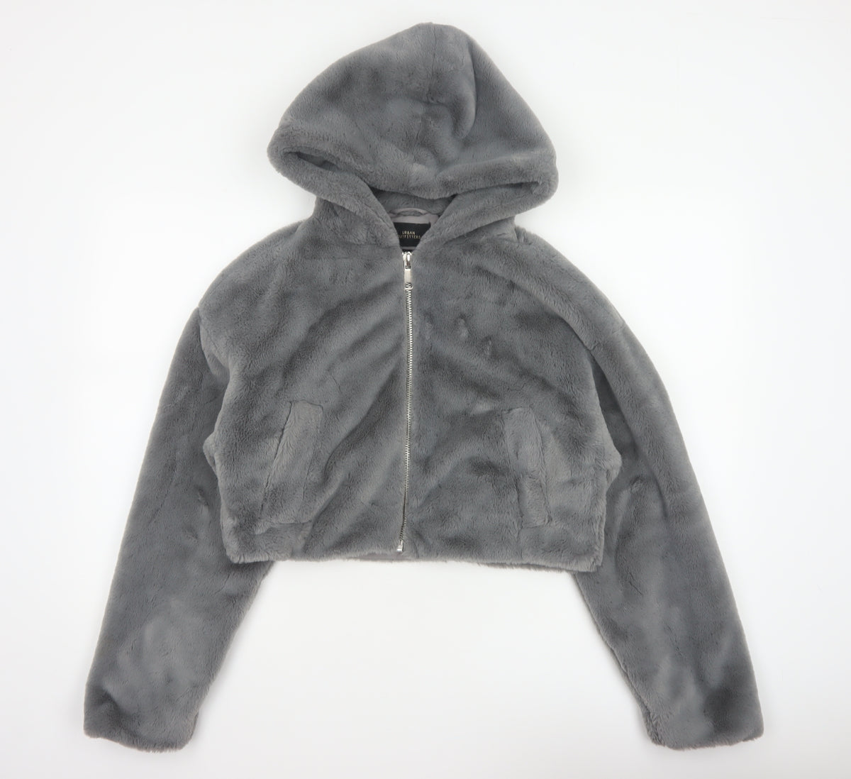 Urban Outfitters Women Grey S Faux Fur Hooded Cropped Zip Jacket