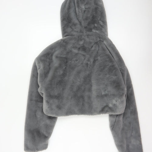 Urban Outfitters Women Grey S Faux Fur Hooded Cropped Zip Jacket