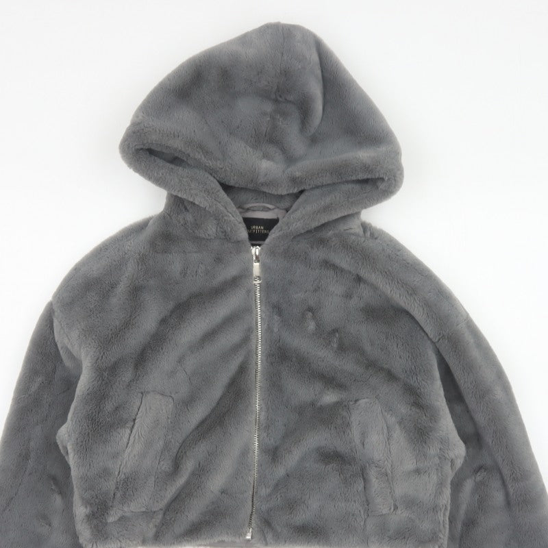 Urban Outfitters Women Grey S Faux Fur Hooded Cropped Zip Jacket