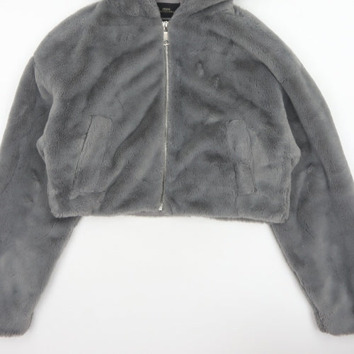 Urban Outfitters Women Grey S Faux Fur Hooded Cropped Zip Jacket