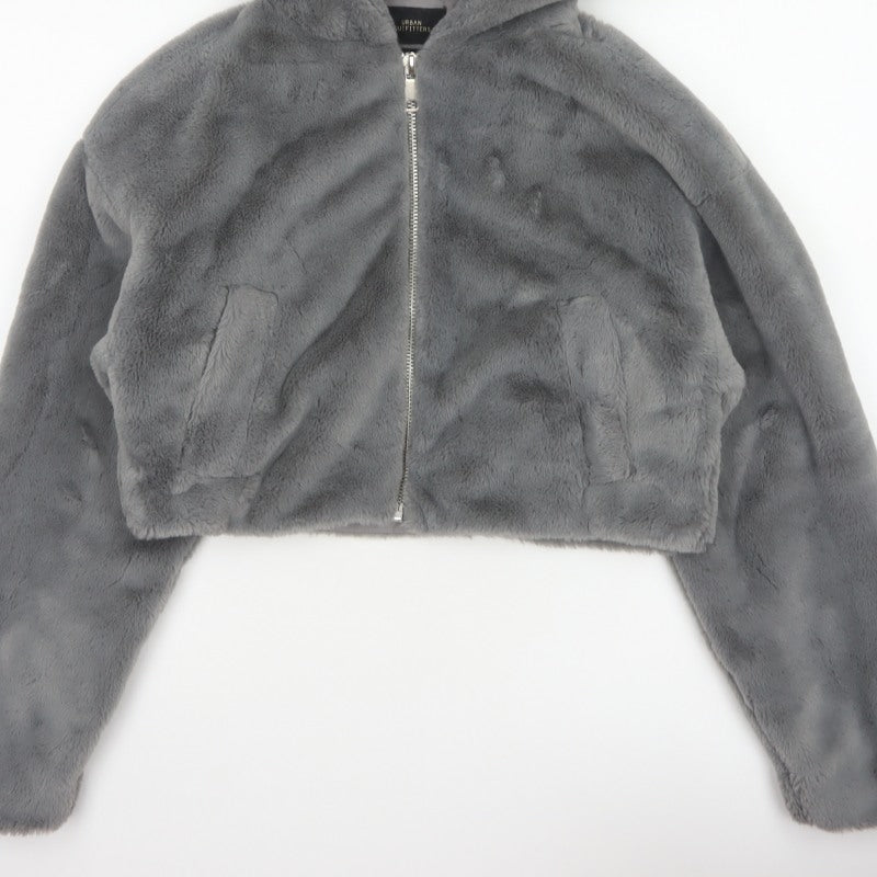 Urban Outfitters Women Grey S Faux Fur Hooded Cropped Zip Jacket