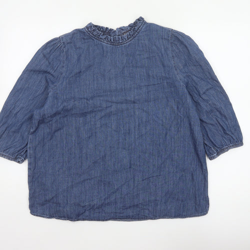 Marks and Spencer Women Blue UK 16 Denim Ruffle Neck 3/4 Sleeve Blouse