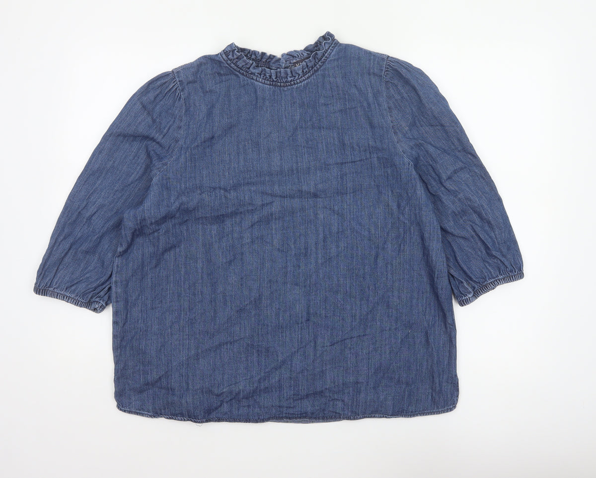 Marks and Spencer Women Blue UK 16 Denim Ruffle Neck 3/4 Sleeve Blouse