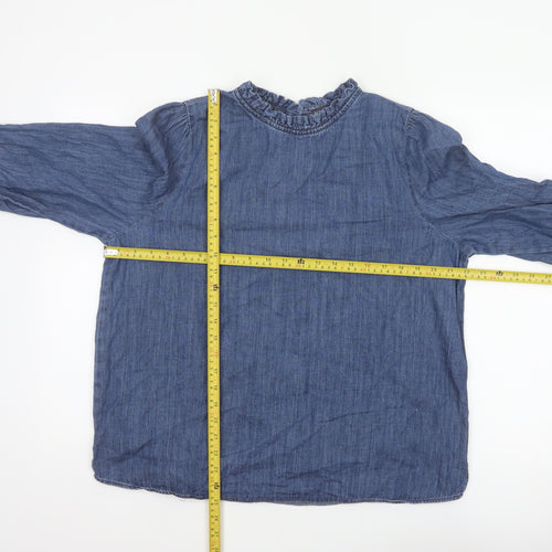 Marks and Spencer Women Blue UK 16 Denim Ruffle Neck 3/4 Sleeve Blouse