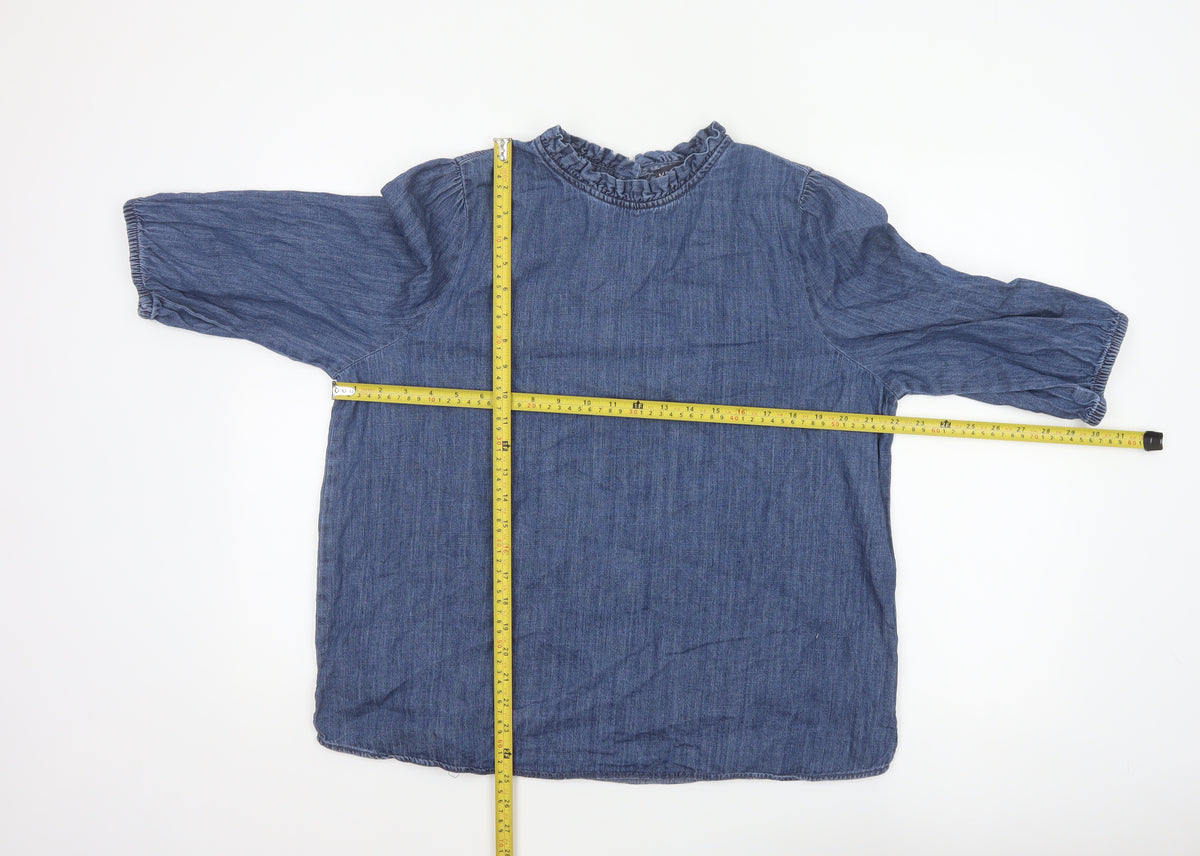 Marks and Spencer Women Blue UK 16 Denim Ruffle Neck 3/4 Sleeve Blouse