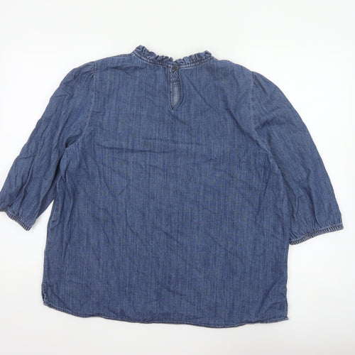 Marks and Spencer Women Blue UK 16 Denim Ruffle Neck 3/4 Sleeve Blouse