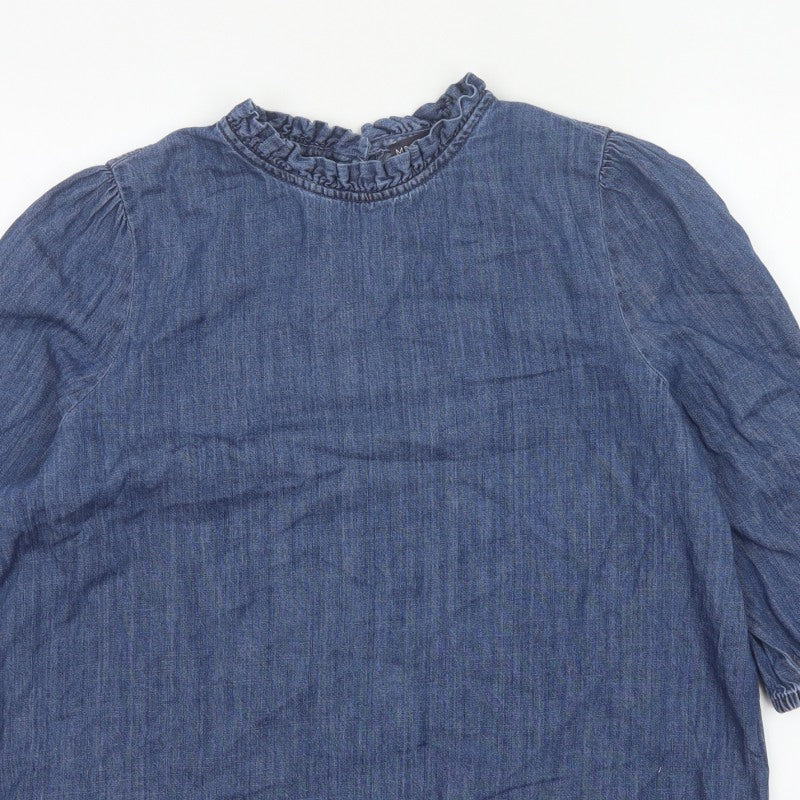 Marks and Spencer Women Blue UK 16 Denim Ruffle Neck 3/4 Sleeve Blouse